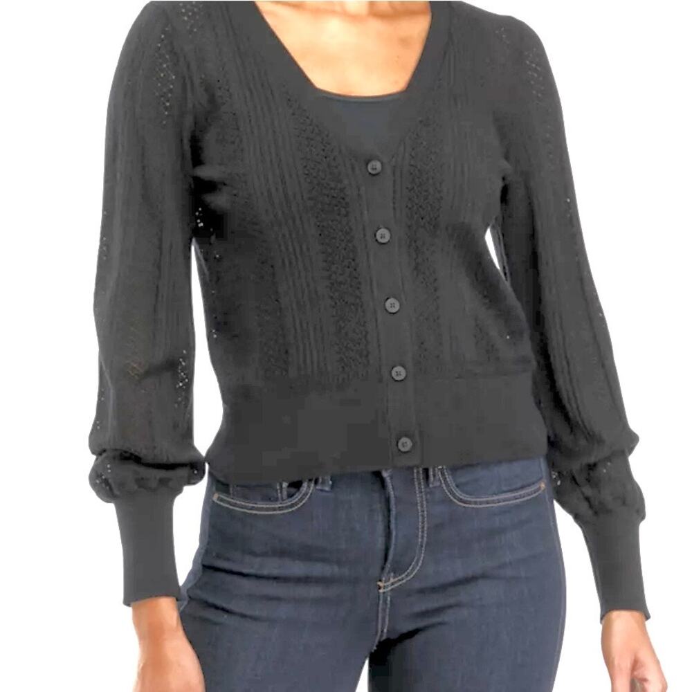 Truth by Republic Pointelle V-Neck Button Front Cardigan Sweater Black NWT Small